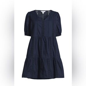 Navy Eyelet V-Neck Babydoll Dress
